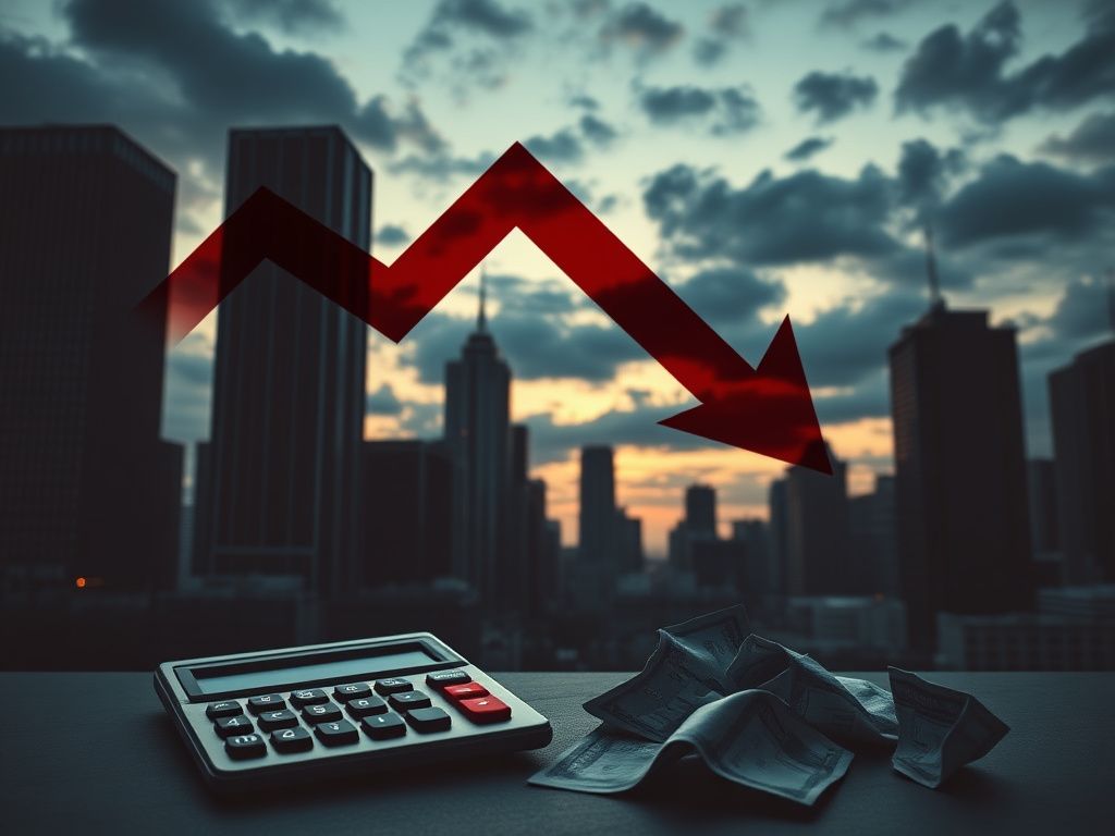 Flick International Dusk cityscape with skyscrapers and clouds symbolizing financial turmoil