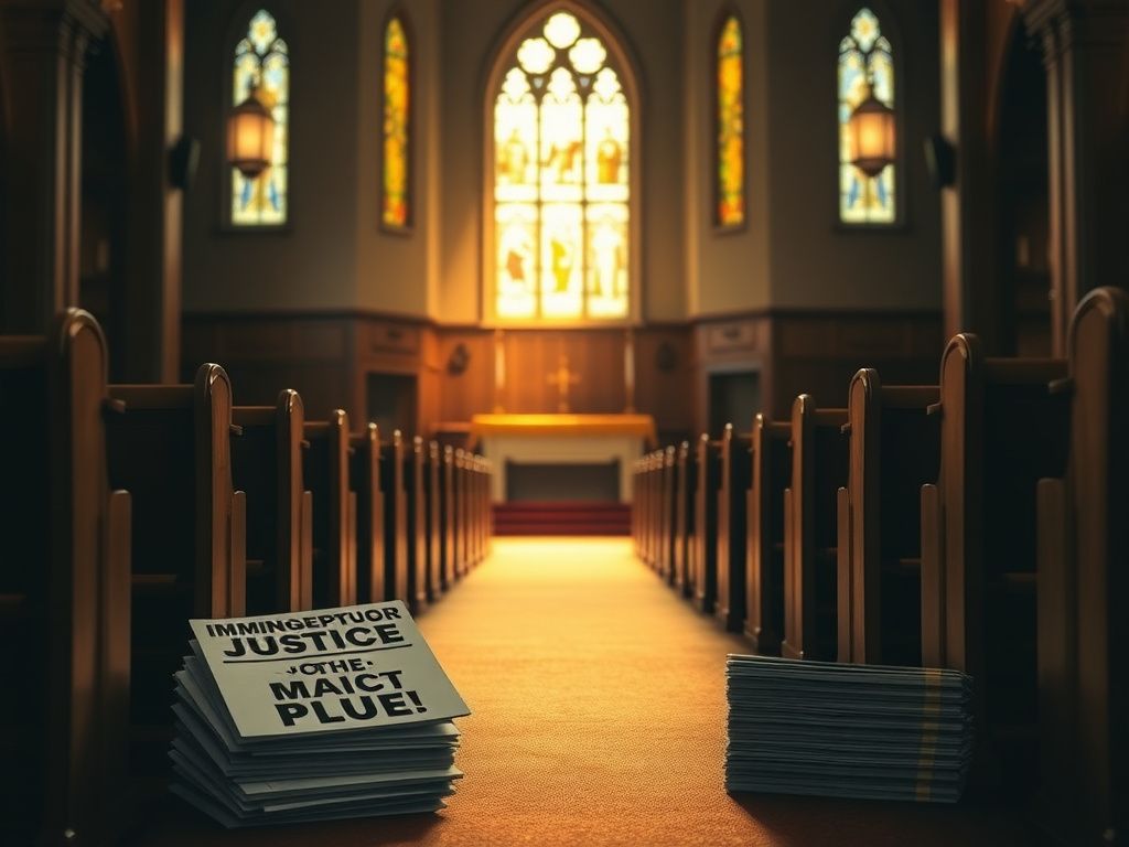 Flick International Interior view of a church sanctuary with empty wooden pews and protest signs