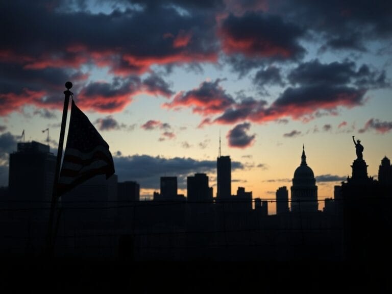 Flick International Dark skyline at twilight with an American flag and barbed wire symbolizing democracy's struggle