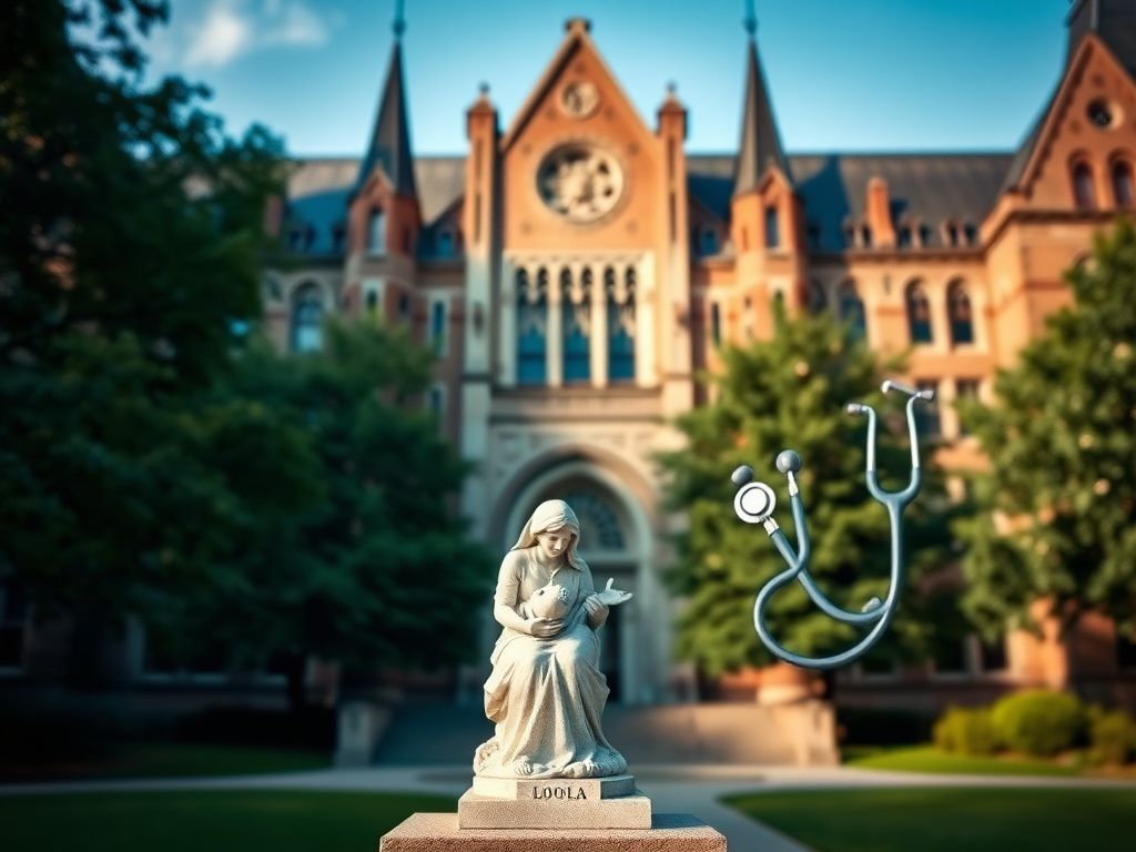 Flick International Exterior view of Loyola University Chicago showcasing Gothic architecture with logo and Jesuit motto.