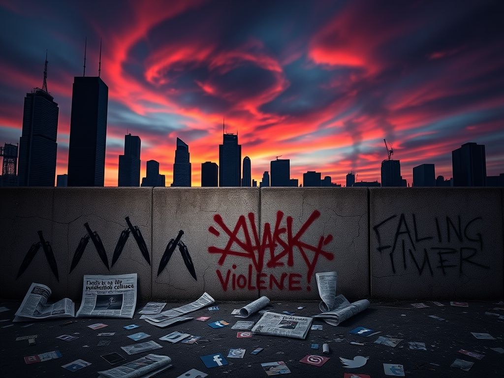 Flick International A dark cityscape at dusk with skyscrapers and graffiti symbolizing political violence