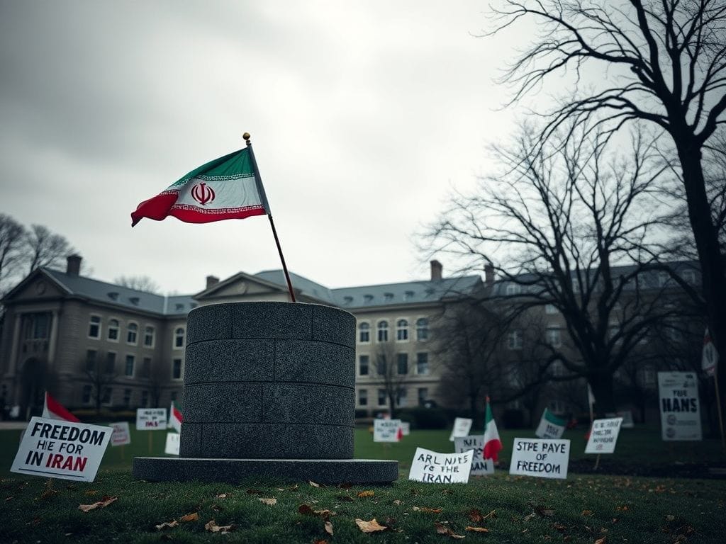 Flick International A weathered stone podium at Yale University with a faded Iranian flag and protest signs on the ground reflecting ongoing unrest in Iran.