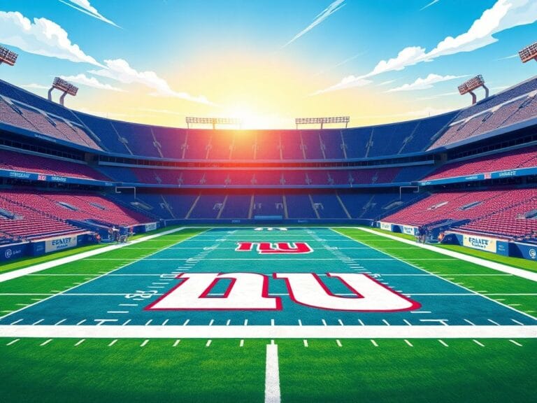 Flick International Vibrant illustration of New York Giants football stadium under clear blue sky