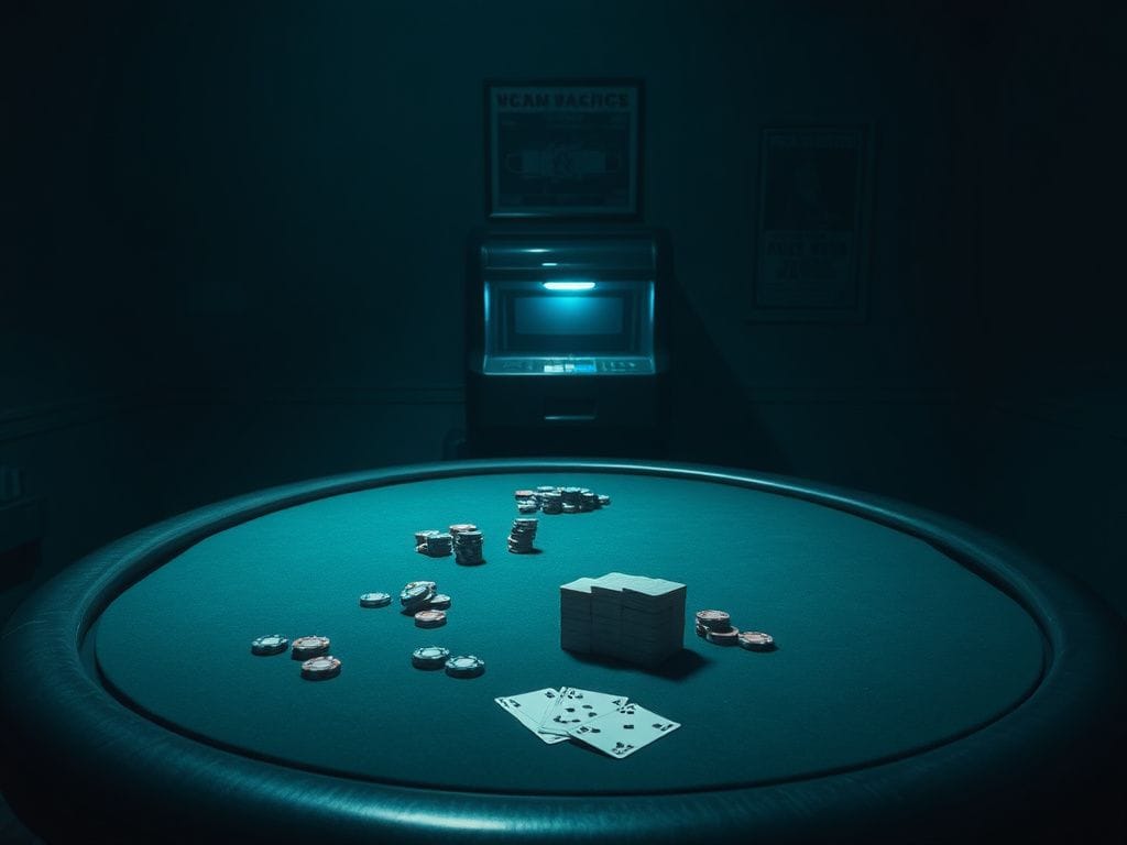 Flick International Dimly lit poker table with scattered high-stakes chips and playing cards in a deserted room