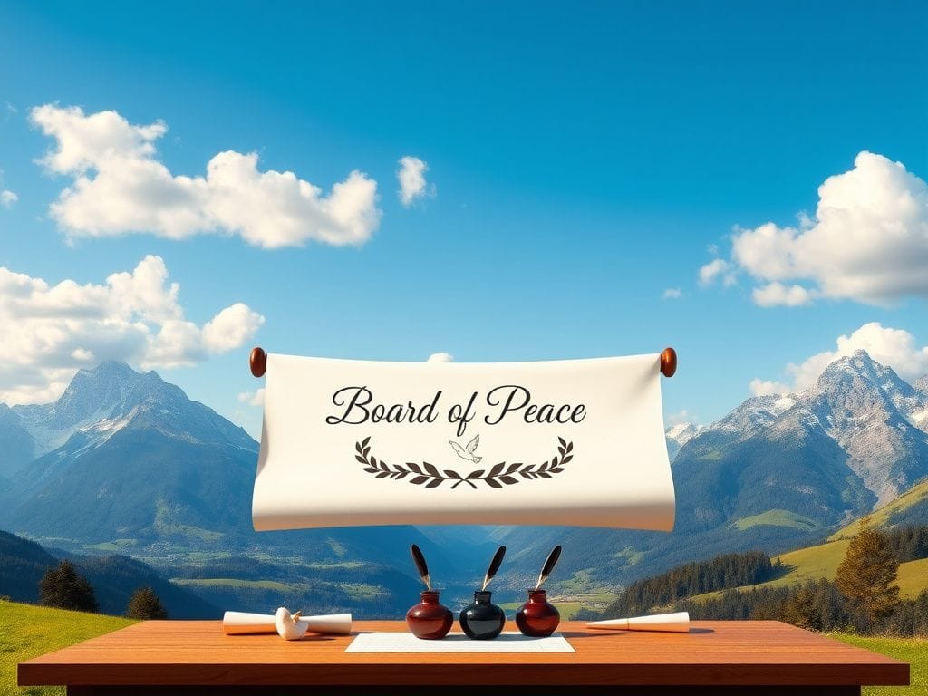 Flick International Serene landscape representing peace with an open scroll and the Swiss Alps in the background