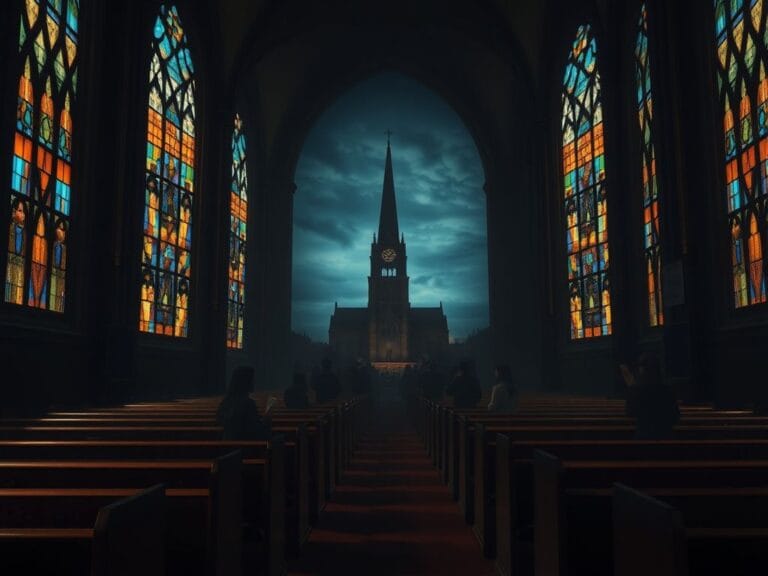 Flick International Interior of a solemn church with stained glass windows and shadows of a protesting crowd outside