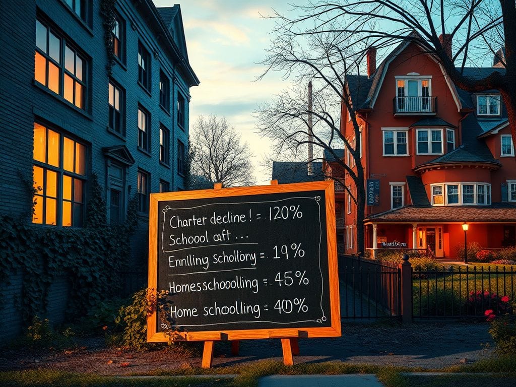 Flick International A contrasting cityscape showing a neglected public school and vibrant charter schools with lush gardens.