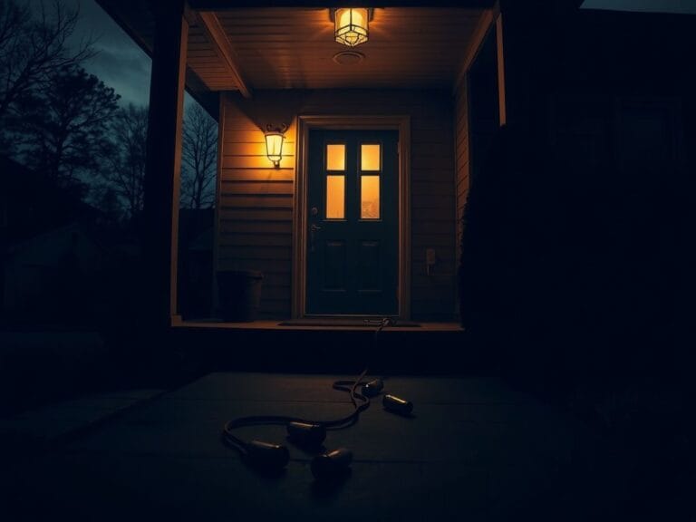 Flick International Dark suburban front porch with a slightly ajar door and dog leash, hinting at a criminal ruse