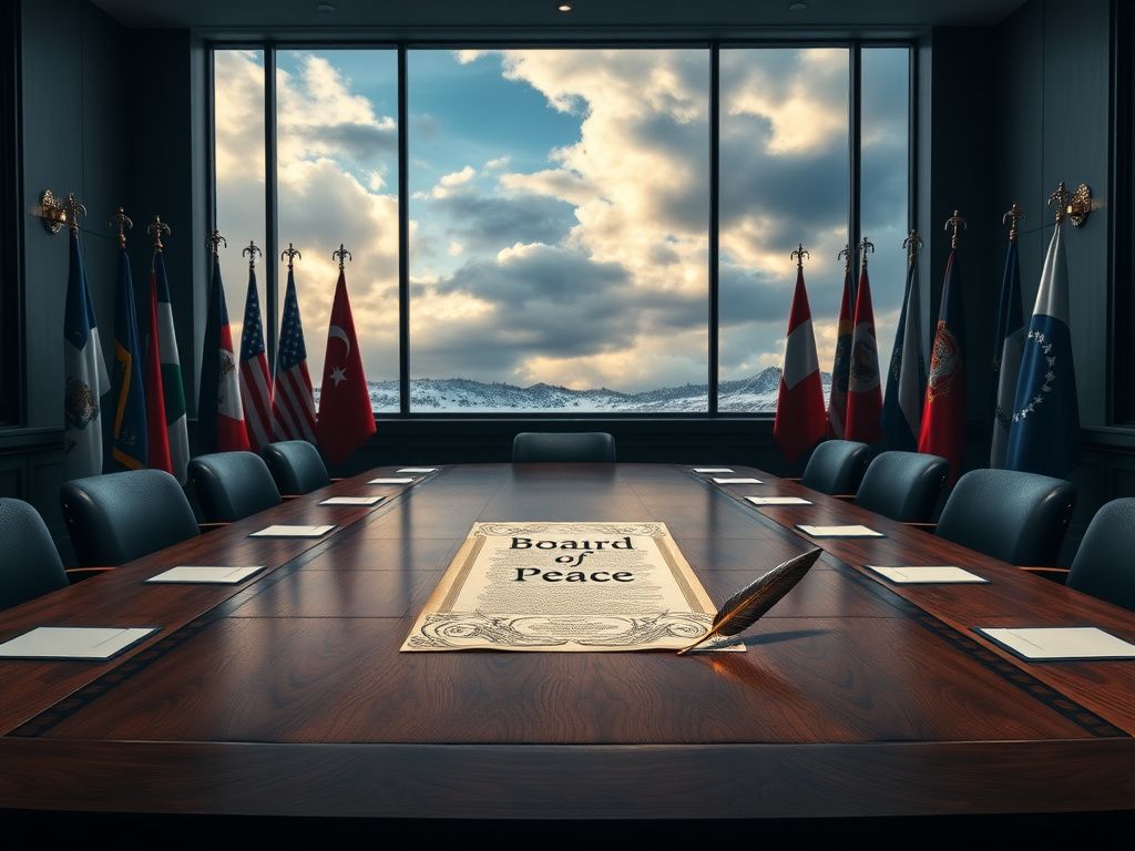 Flick International A large conference table set for a historic signing of the Board of Peace agreement with international flags.