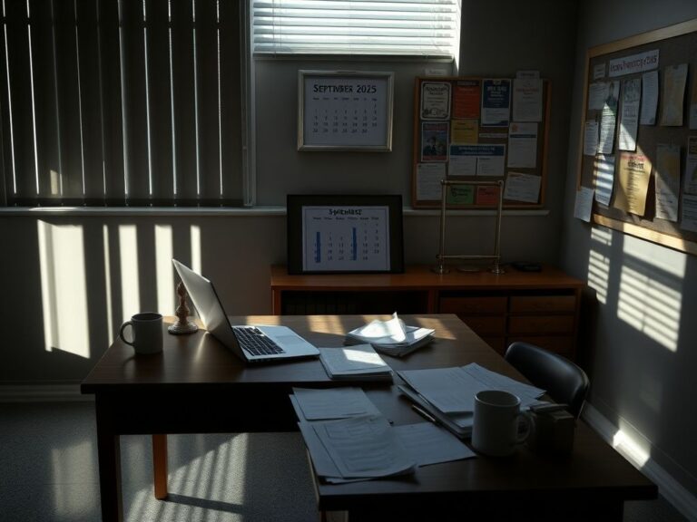 Flick International Empty school office with a wooden desk, disorganized paperwork, and a framed photograph, symbolizing neglect and foreboding.