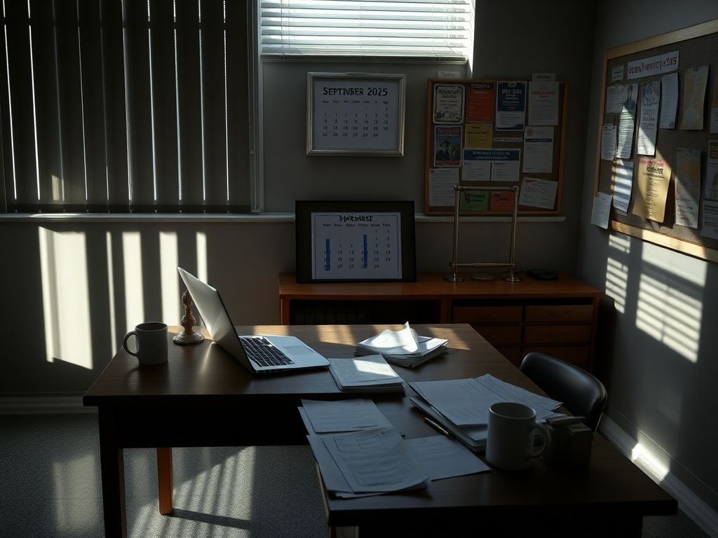 Flick International Empty school office with a wooden desk, disorganized paperwork, and a framed photograph, symbolizing neglect and foreboding.
