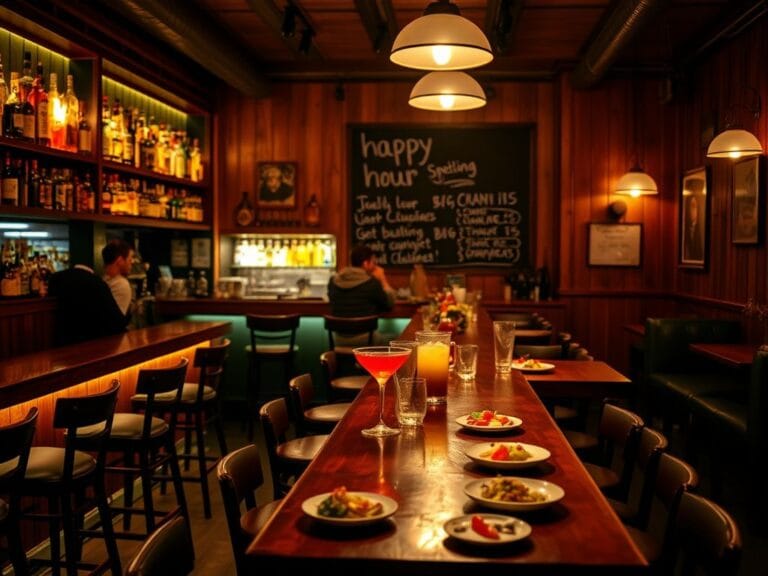 Flick International Cozy bar interior with colorful cocktails and appetizers, reflecting the evolution of happy hour in remote work culture.