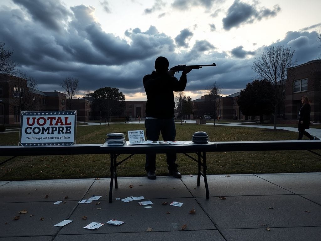 Flick International Conservative political booth at University of Utah with threatening shadow figure