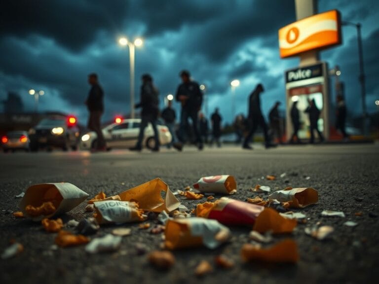 Flick International urban scene at a gas station in Minneapolis with food remnants on the pavement