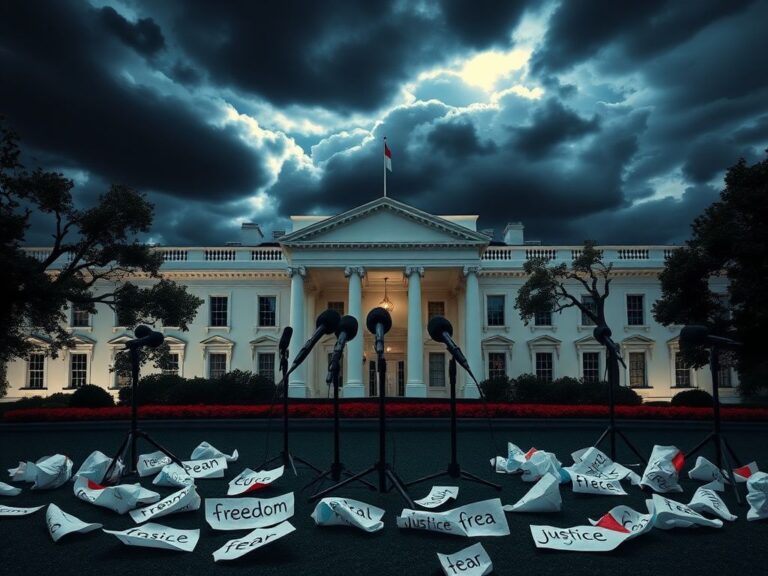 Flick International Dramatic scene at the White House with microphones symbolizing a press conference and ominous clouds overhead