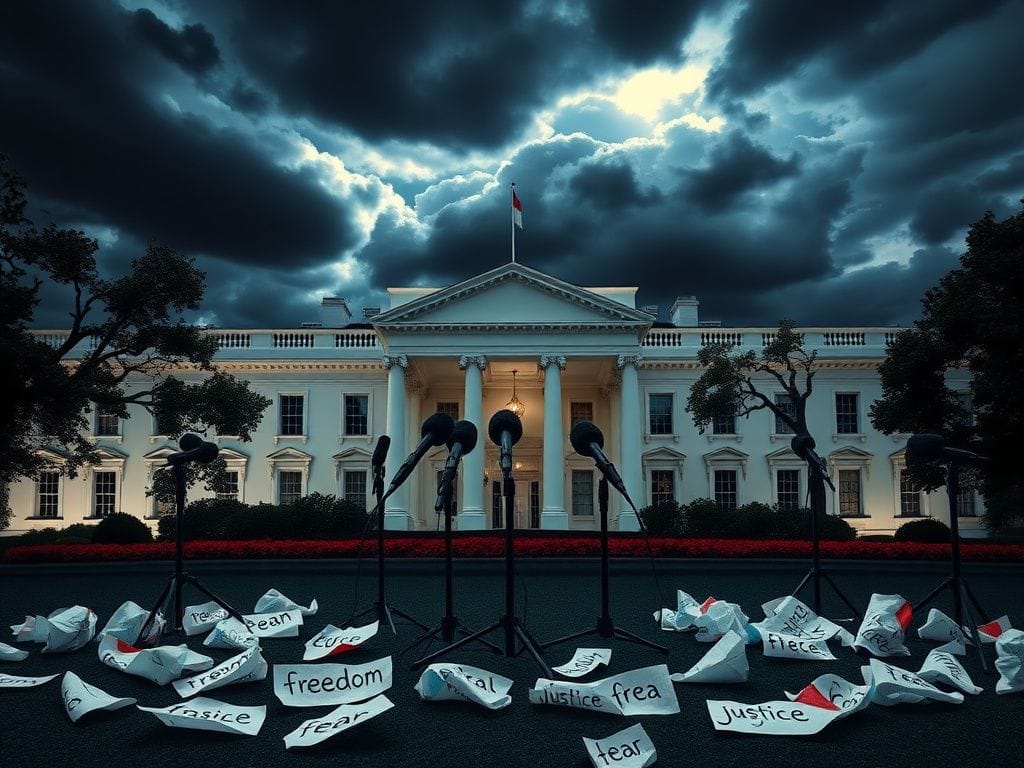 Flick International Dramatic scene at the White House with microphones symbolizing a press conference and ominous clouds overhead