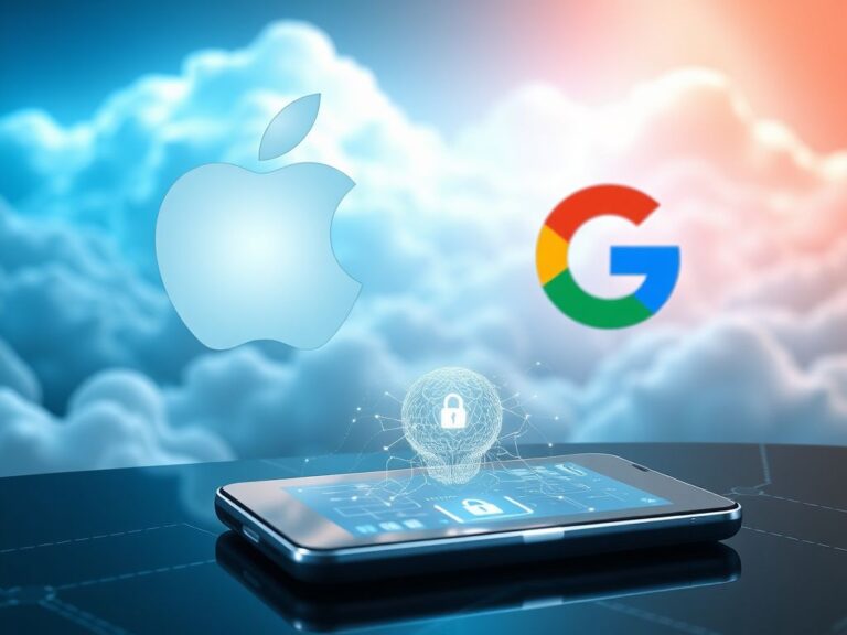 Flick International Abstract representation of Apple and Google logos blending in a digital landscape