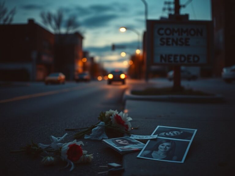 Flick International somber street scene in Urbana, Illinois showcasing a darkened road with wilted flowers and photographs memorializing a young woman