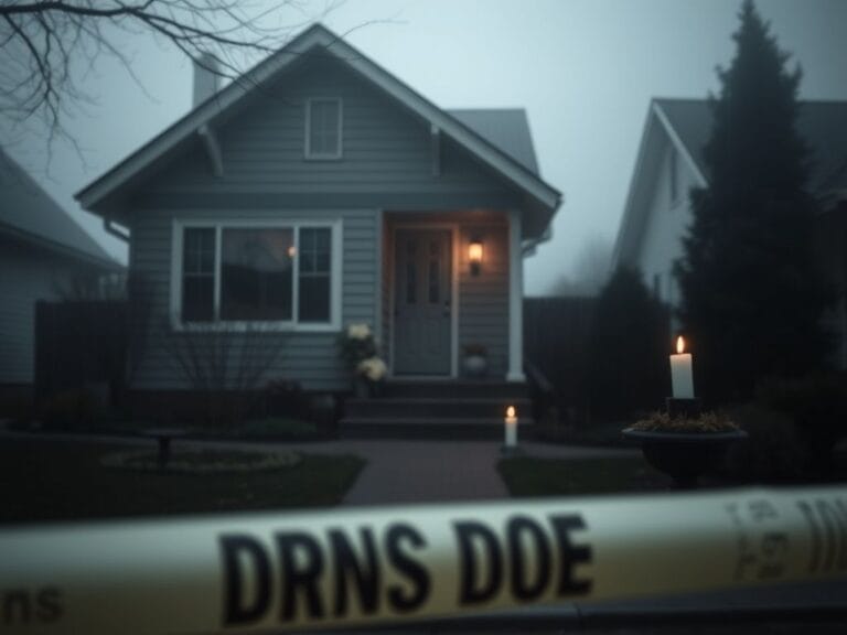 Flick International somber exterior of a residential home in Moscow, Idaho, with wilted flowers and a flickering candle
