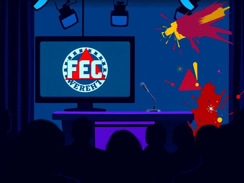 Flick International A late-night television set with an empty desk and FCC warning signs in the background