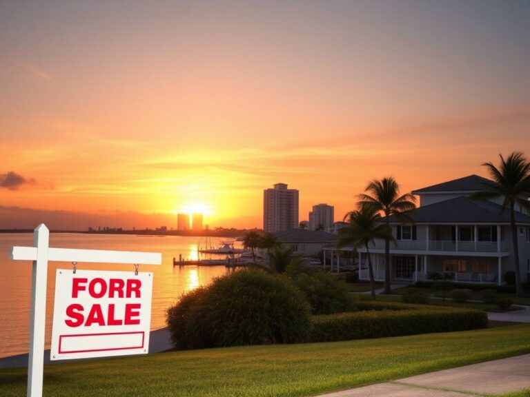 Flick International A sunset view of Marco Island showcasing residential homes and a 'For Sale' sign in front of a modest home.