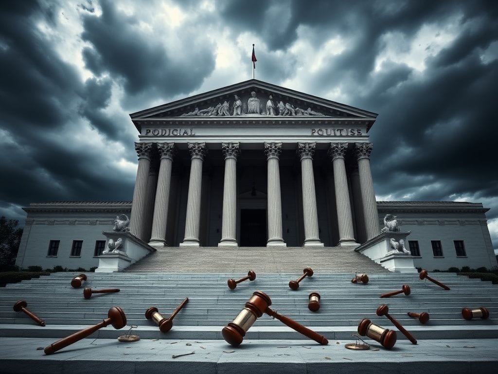 Flick International Dramatic courthouse under a stormy sky symbolizing political tension