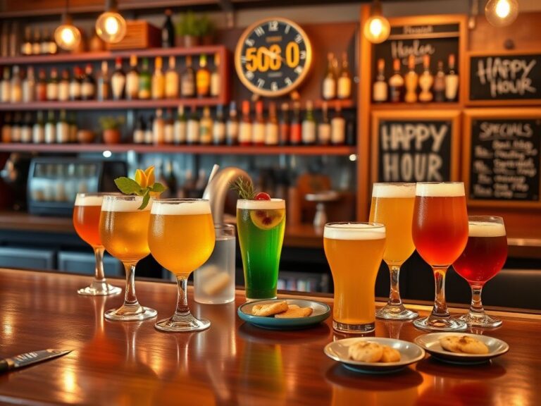 Flick International A vibrant bar scene showcasing colorful cocktails and craft beers during happy hour.