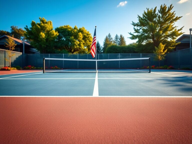 Flick International Close-up of a pristine tennis court at dawn with an American flag and vibrant surroundings