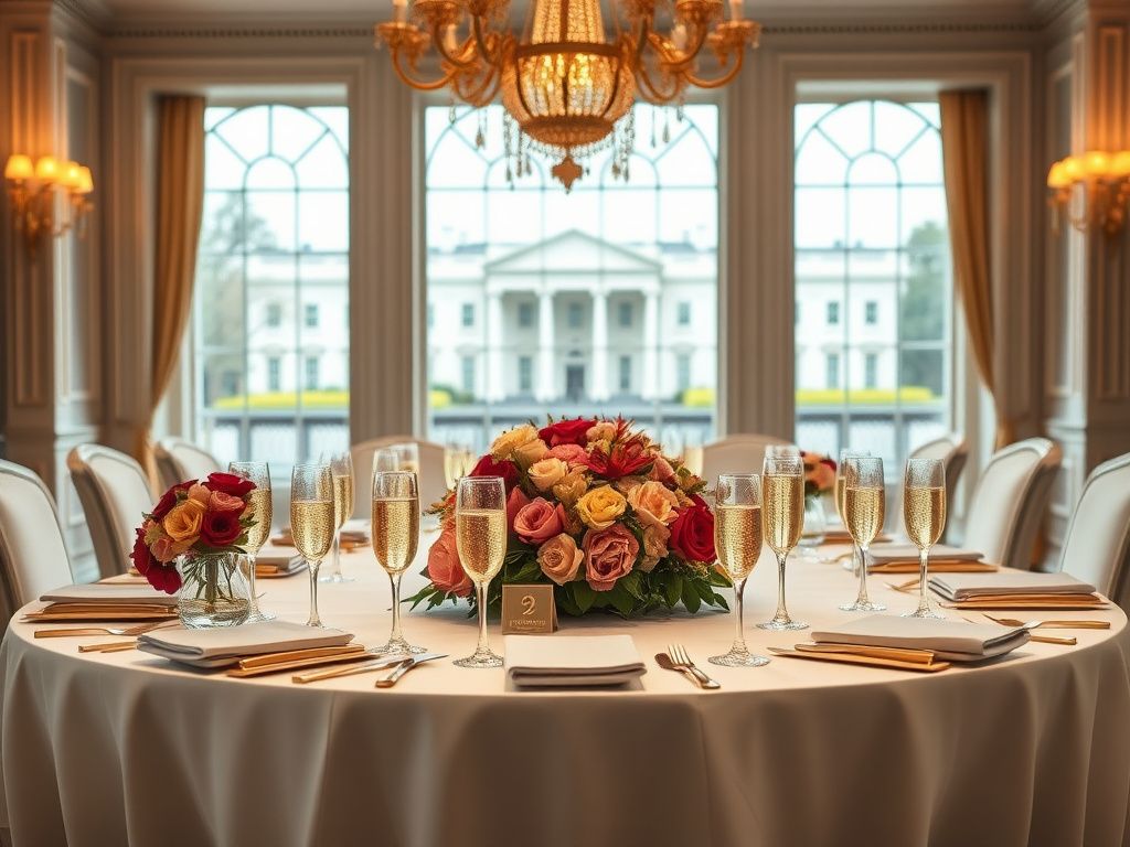 Flick International Elegant anniversary dinner setting with champagne and floral centerpieces