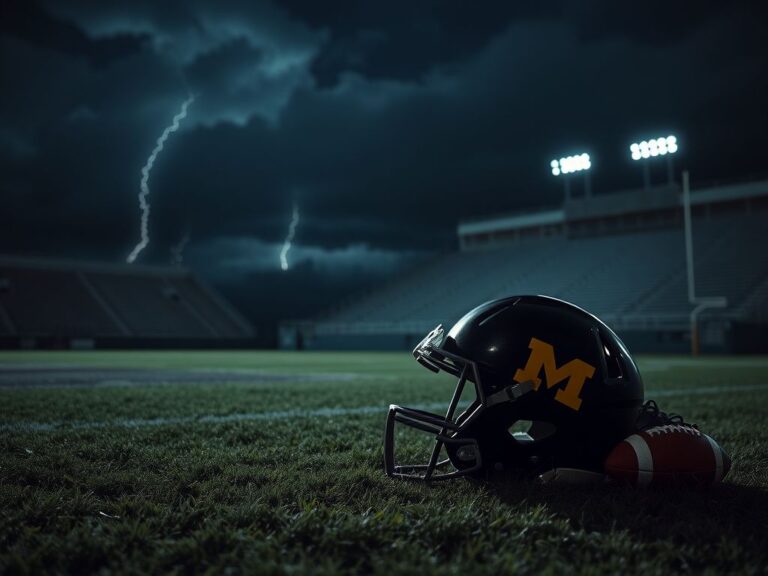 Flick International Dimly lit football field at night with a faded Michigan Wolverines helmet on the grass