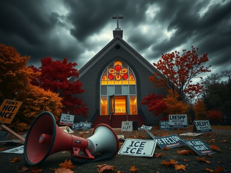 Flick International Exterior view of Cities Church in St. Paul, Minnesota, with autumn foliage and protest signs
