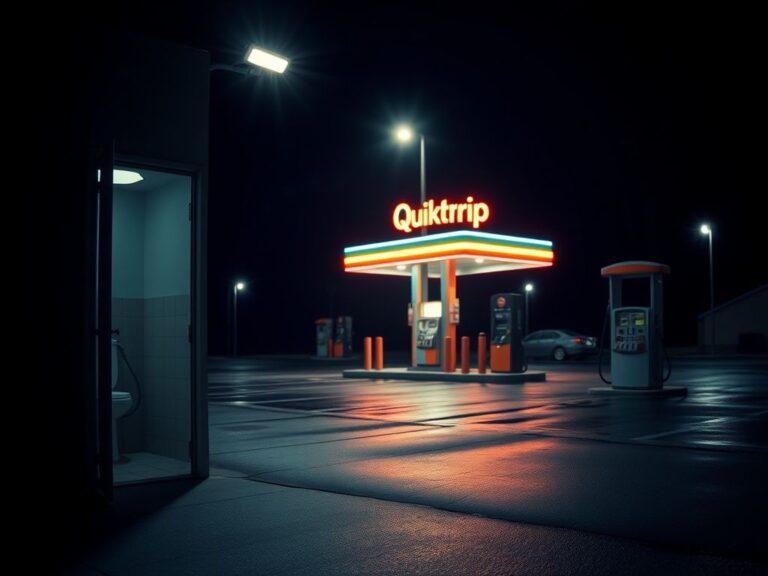 Flick International Night view of a QuikTrip gas station with an open restroom door and a gas pump
