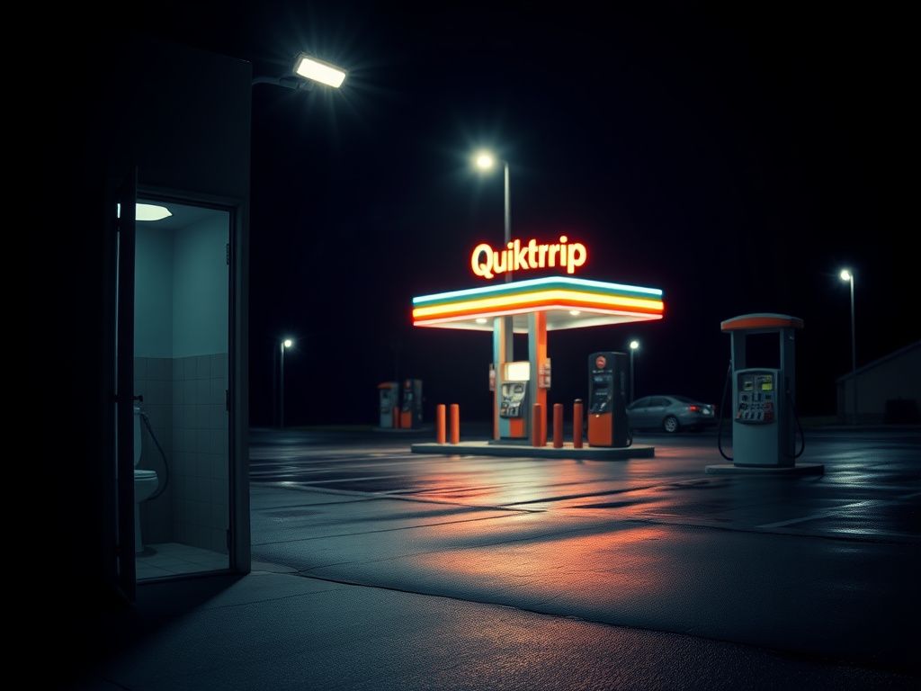 Flick International Night view of a QuikTrip gas station with an open restroom door and a gas pump