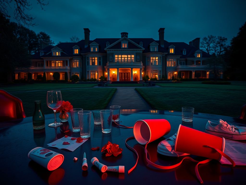 Flick International Empty glasses and spilled drinks on a luxurious table, hinting at wild parties in a lavish mansion