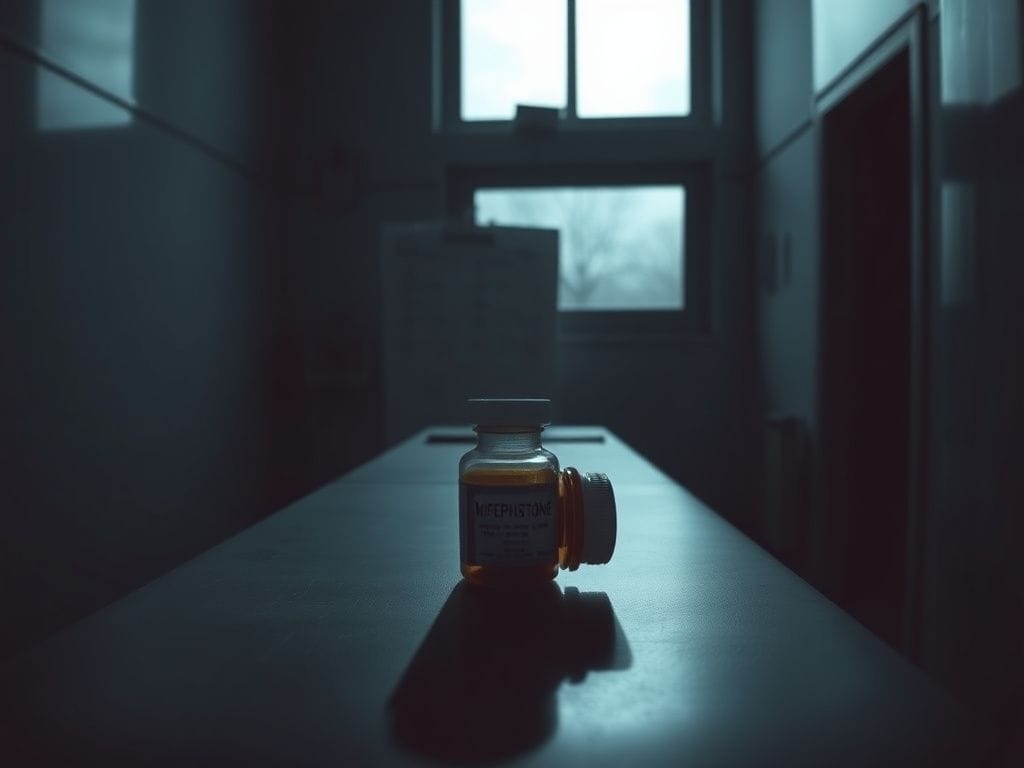 Flick International Dimly lit hospital examination room featuring an empty pill bottle labeled Mifepristone on a metallic table.
