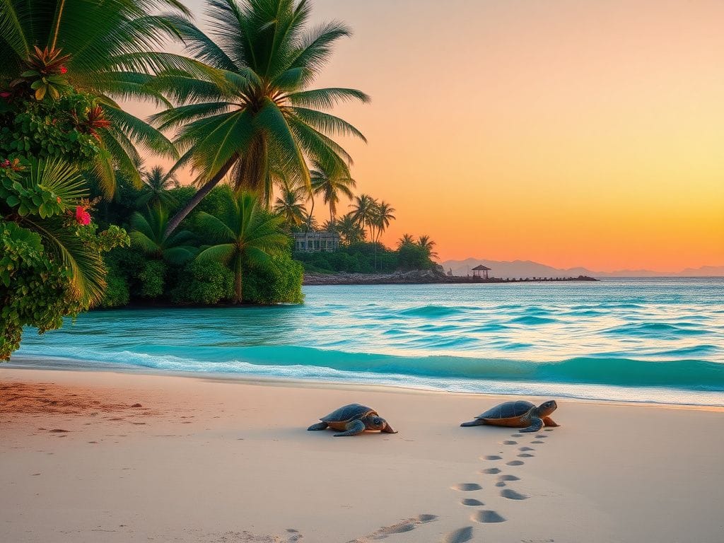Flick International A tranquil tropical beach at sunset with palm trees and colorful flowers