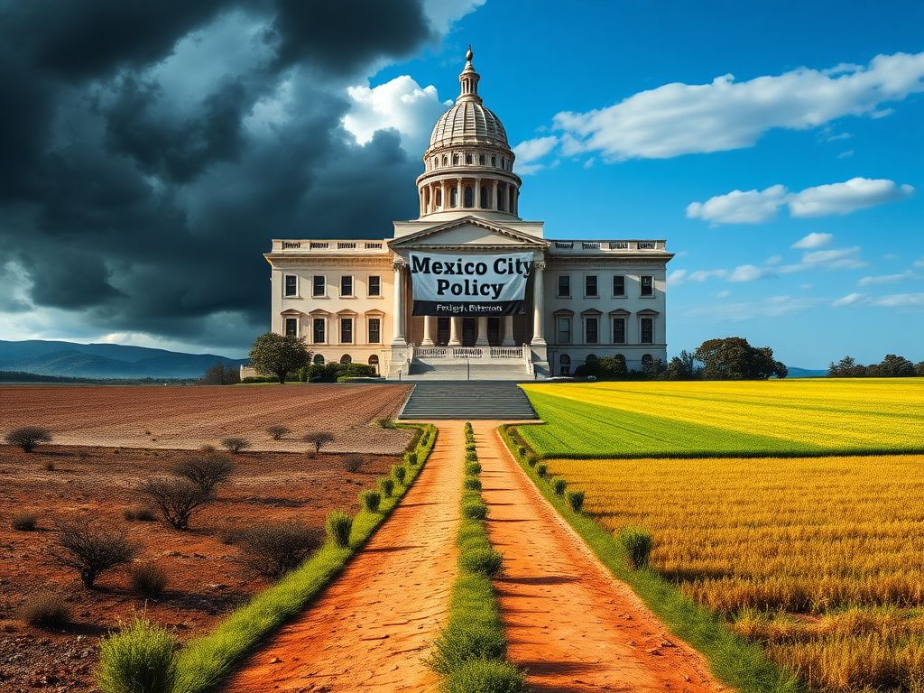 Flick International Large government building representing the State Department with a banner reading 'Mexico City Policy' visible at the entrance, surrounded by contrasting landscapes