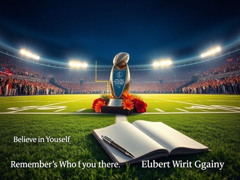 Flick International Dramatic scene of a football stadium showcasing the College Football Playoff National Championship trophy surrounded by flowers