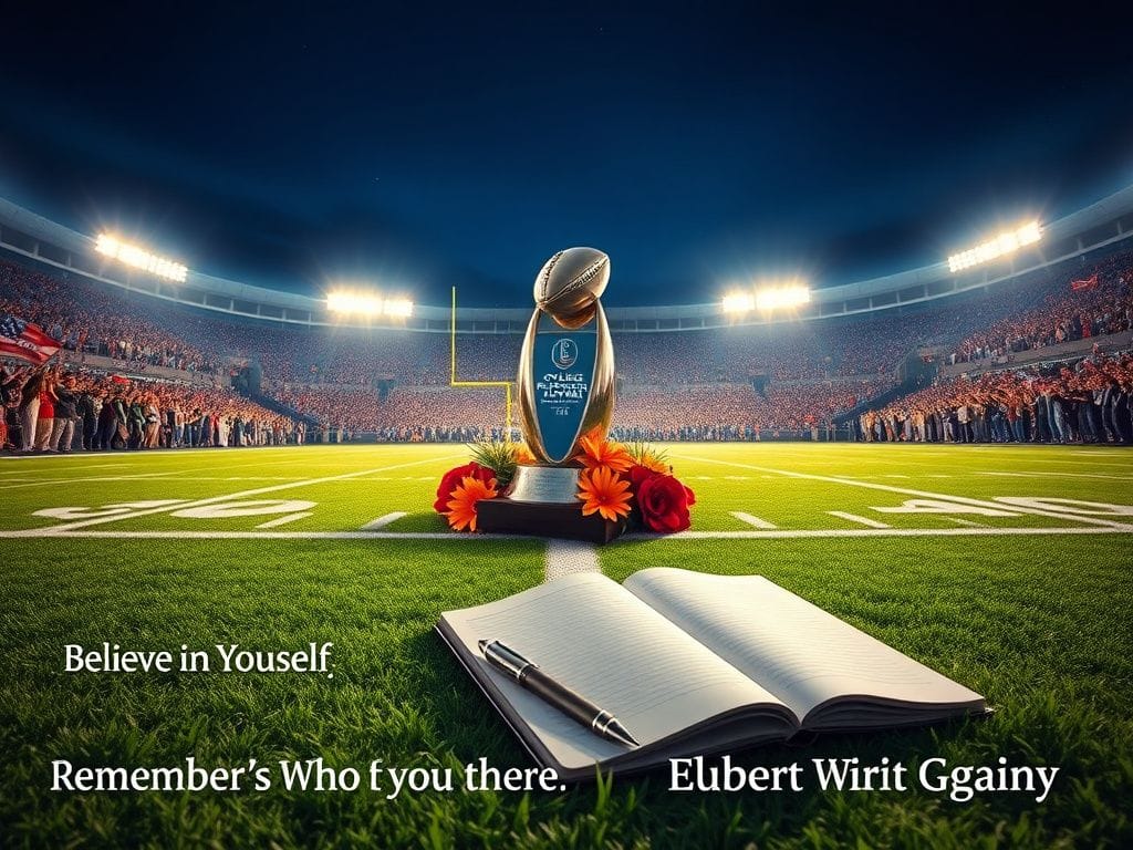 Flick International Dramatic scene of a football stadium showcasing the College Football Playoff National Championship trophy surrounded by flowers
