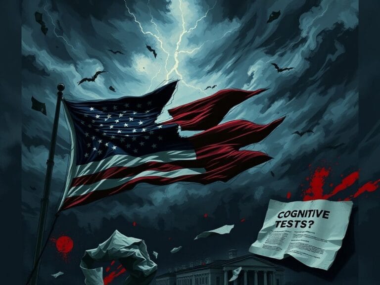 Flick International A chaotic political scene symbolizing division with a cracked American flag