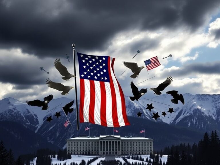 Flick International A dramatic sky over the Swiss Alps with an unfurled American flag symbolizing patriotism and political tension.