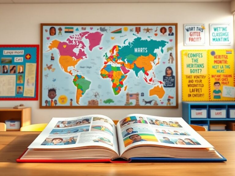 Flick International A vibrant classroom scene featuring a colorful world map and an open textbook, emphasizing diversity in education