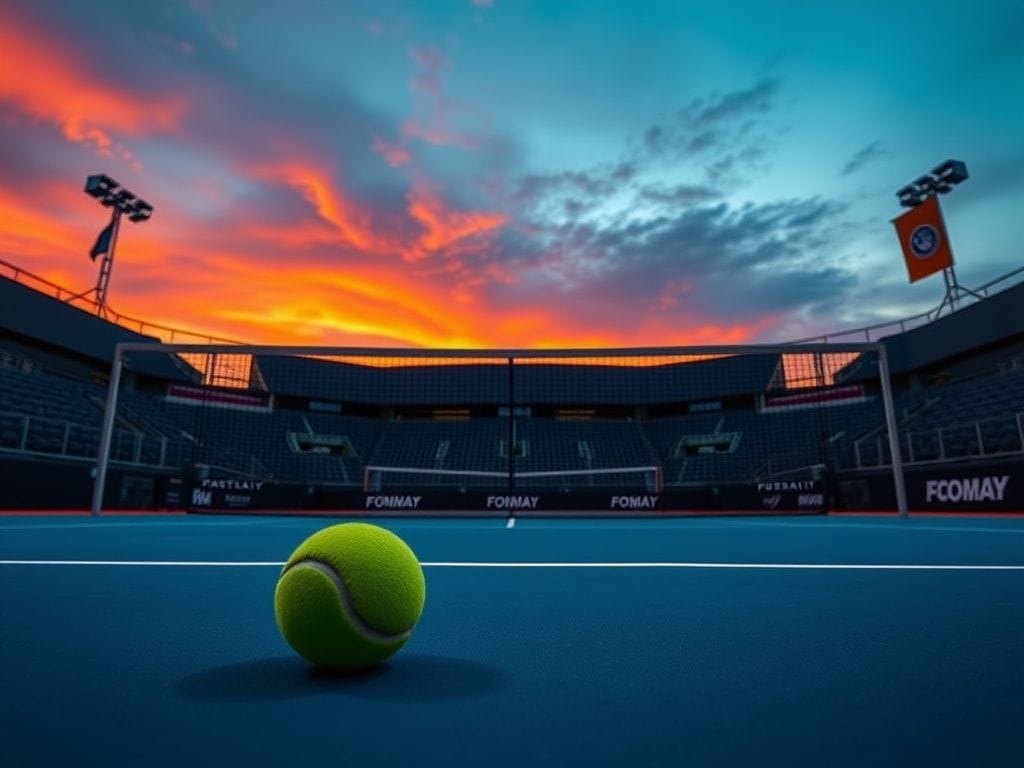 Flick International Dynamic tennis scene at the Australian Open with an empty court and vibrant twilight sky