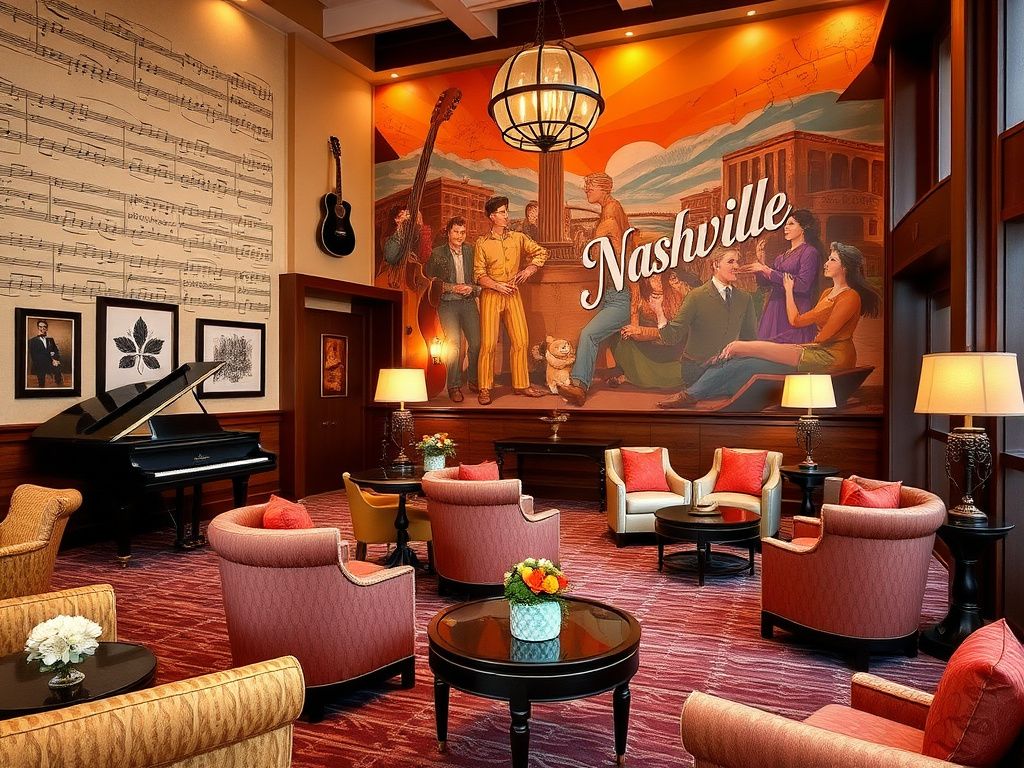 Flick International Lobby interior of Dolly Parton’s SongTeller Hotel in Nashville, showcasing music-themed decor