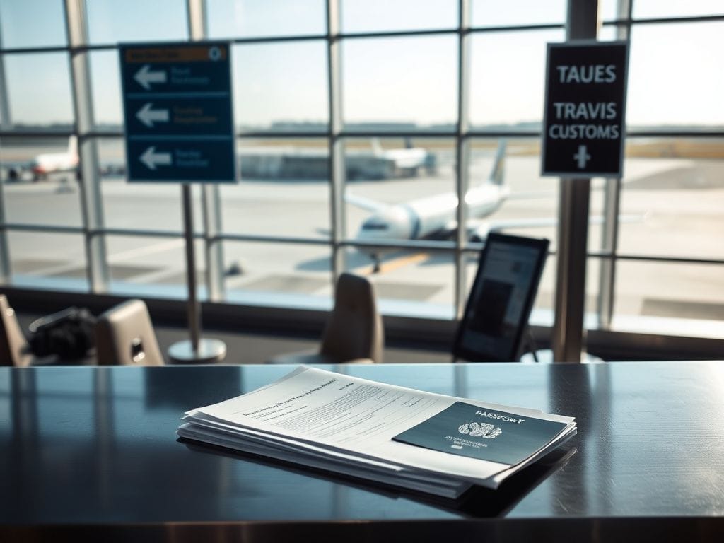 Flick International A stack of travel documents and a passport on a steel table at LAX airport
