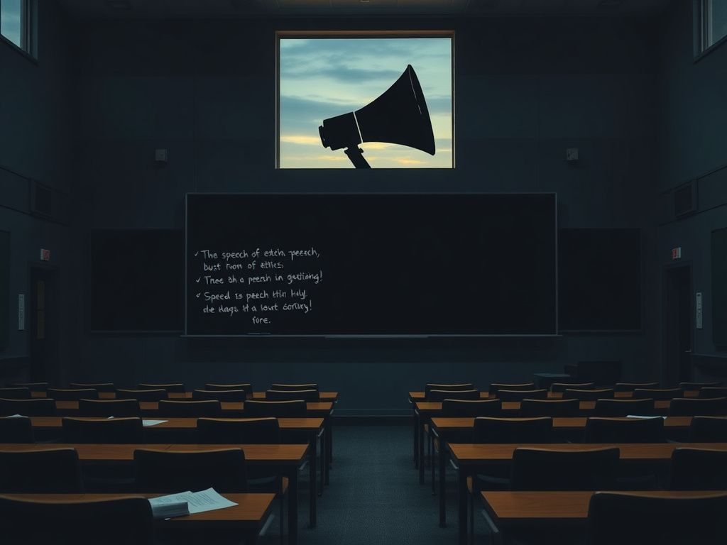 Flick International A dramatic empty lecture hall symbolizing tension after controversial comments