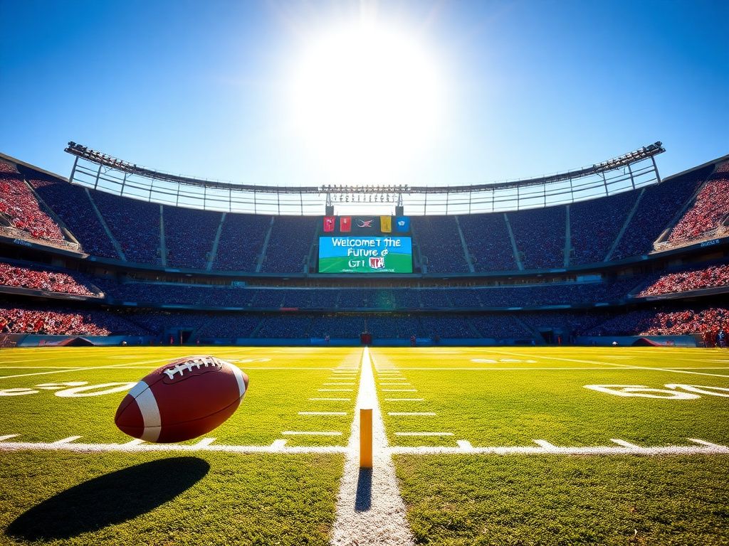 Flick International NFL stadium under bright blue sky with football tee and international matchup banners