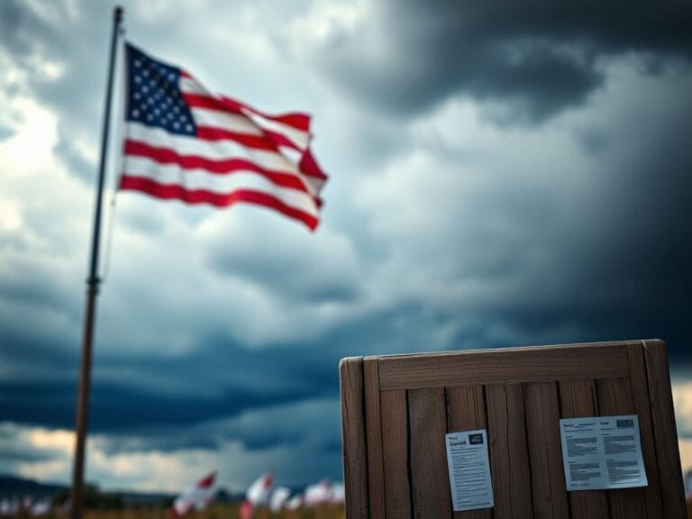 Flick International Vintage American flag waving with a weathered voting booth in the foreground