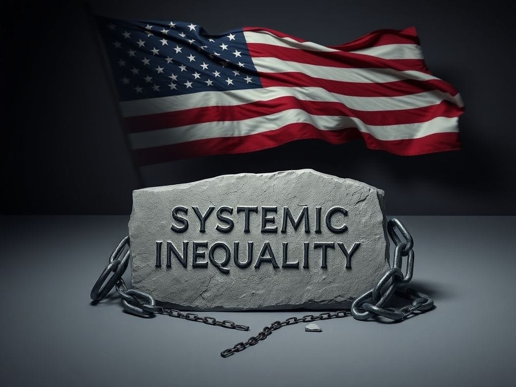 Flick International Conceptual image depicting systemic inequality with a cracked stone slab inscribed with 'Systemic Inequality' surrounded by broken chains and a faded American flag.