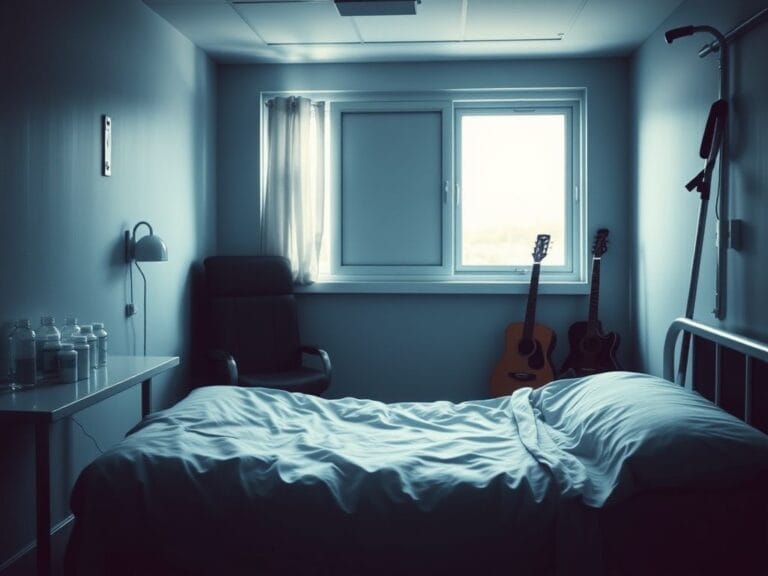 Flick International Hospital room depicting Phil Collins' health journey with medication and crutches